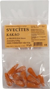 Kakao sviesta svecītes ar propolisa biezo ekstraktu 0.01g un smiltsērkšķu eļļu 0.2g